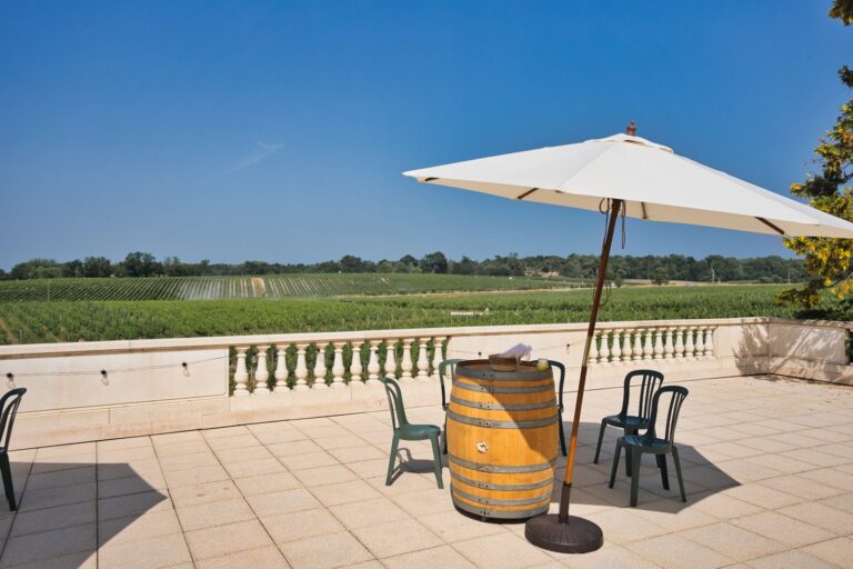 Terrasse du Château de France à Léognan, avec sa balustrade blanche et sa vue sur les vignes
