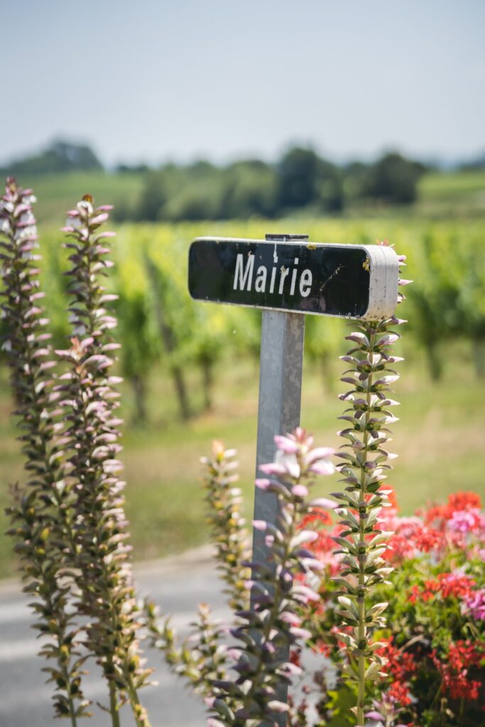 Un panneau noir indiquant « Mairie » est planté devant des vignes et des fleurs roses.