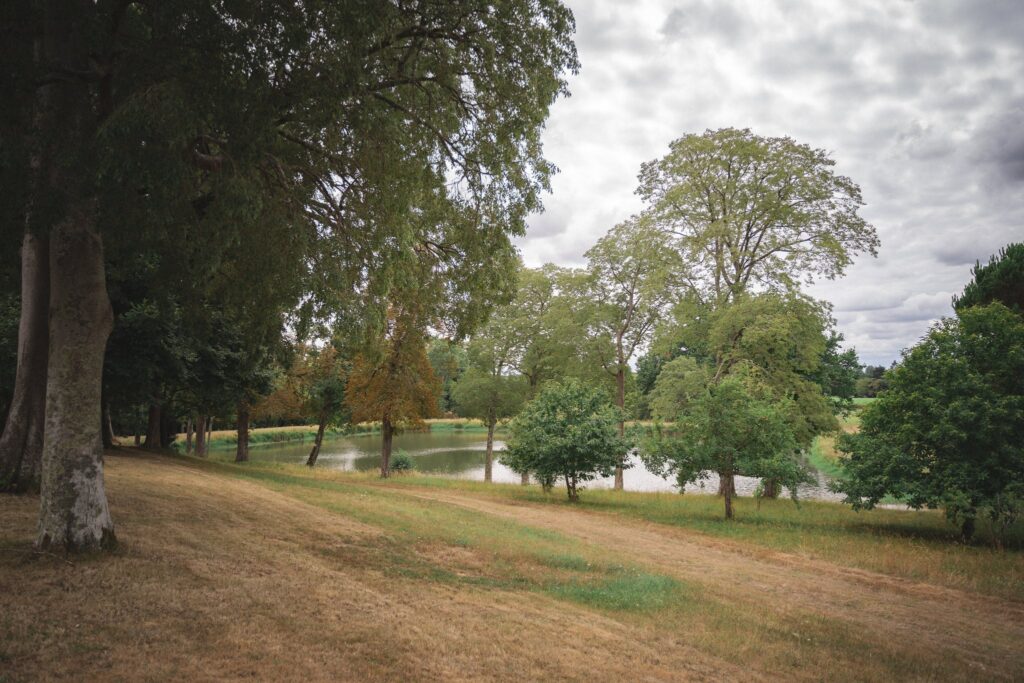 Un parc aux grands arbres et à la pelouse sèche, avec un plan d'eau au loin sous un ciel nuageux.