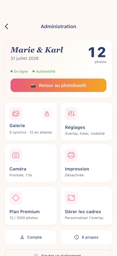Espace d'administration de l'app Tronche! : galerie, réglages, caméra, impression, plan Premium, cadres