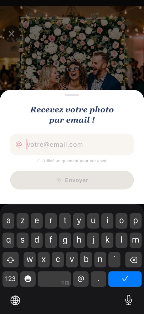 Écran de l'app Tronche! pour recevoir sa photo par email