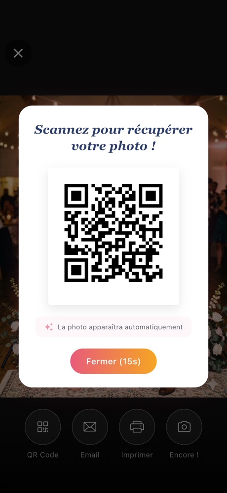 Écran de l'app Tronche! affichant un QR code à scanner pour récupérer sa photo