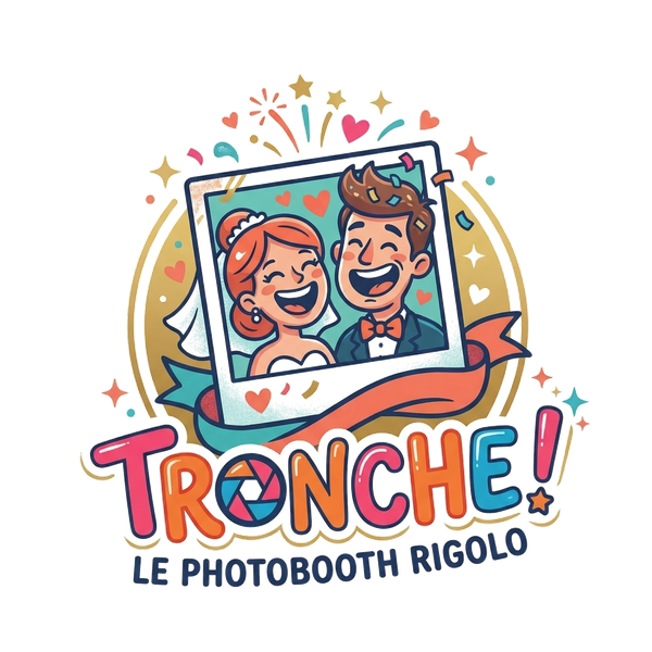 Logo de Tronche!, le photobooth rigolo : deux mariés dessinés dans un cadre photo