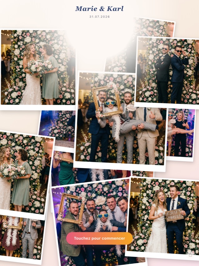 Écran d'accueil de l'app photobooth Tronche! sur iPad : photos d'invités de mariage avec cadres et accessoires, bouton « Touchez pour commencer »
